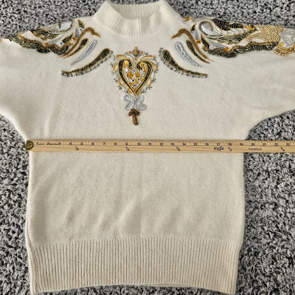 Vintage Cedars Angora Silk Wool Sweater Small Embellished 80s 90s Off White Gold - Picture 11 of 14